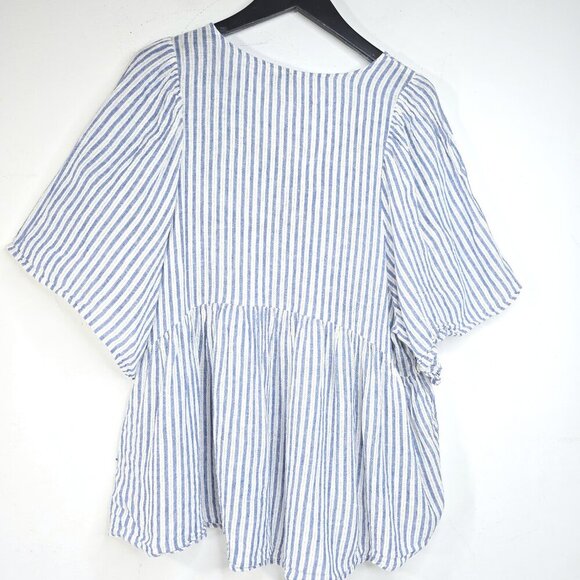 Cato White Blue Stripe Linen Flutter Sleeve Button Front Flowy Babydoll Top - Picture 3 of 5